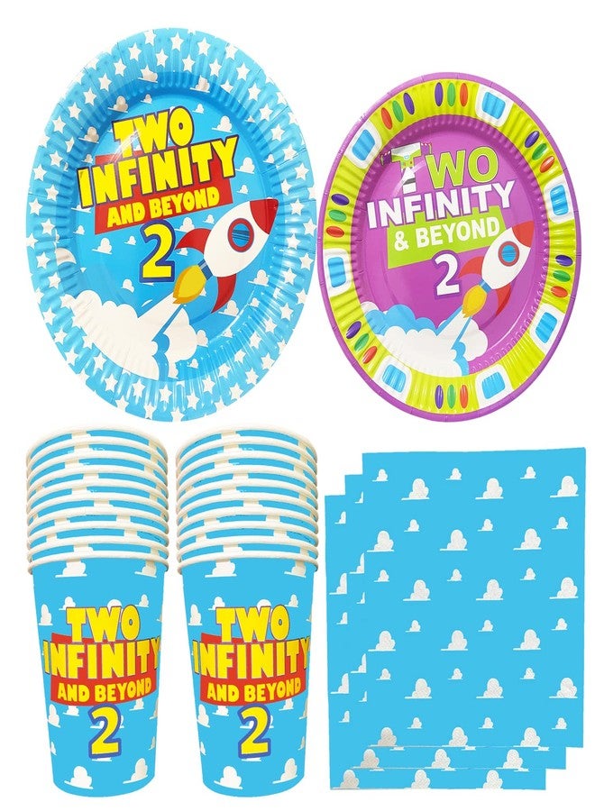 BIGKEOKI Cartoon Story 2nd Birthday Paper Plates Napkins and Cups Two inspired 2 to infinity inspired Beyond Bday Decorations Party Supplies Serve 30 Guests(Blue Sky 2nd Bday) - Image 1